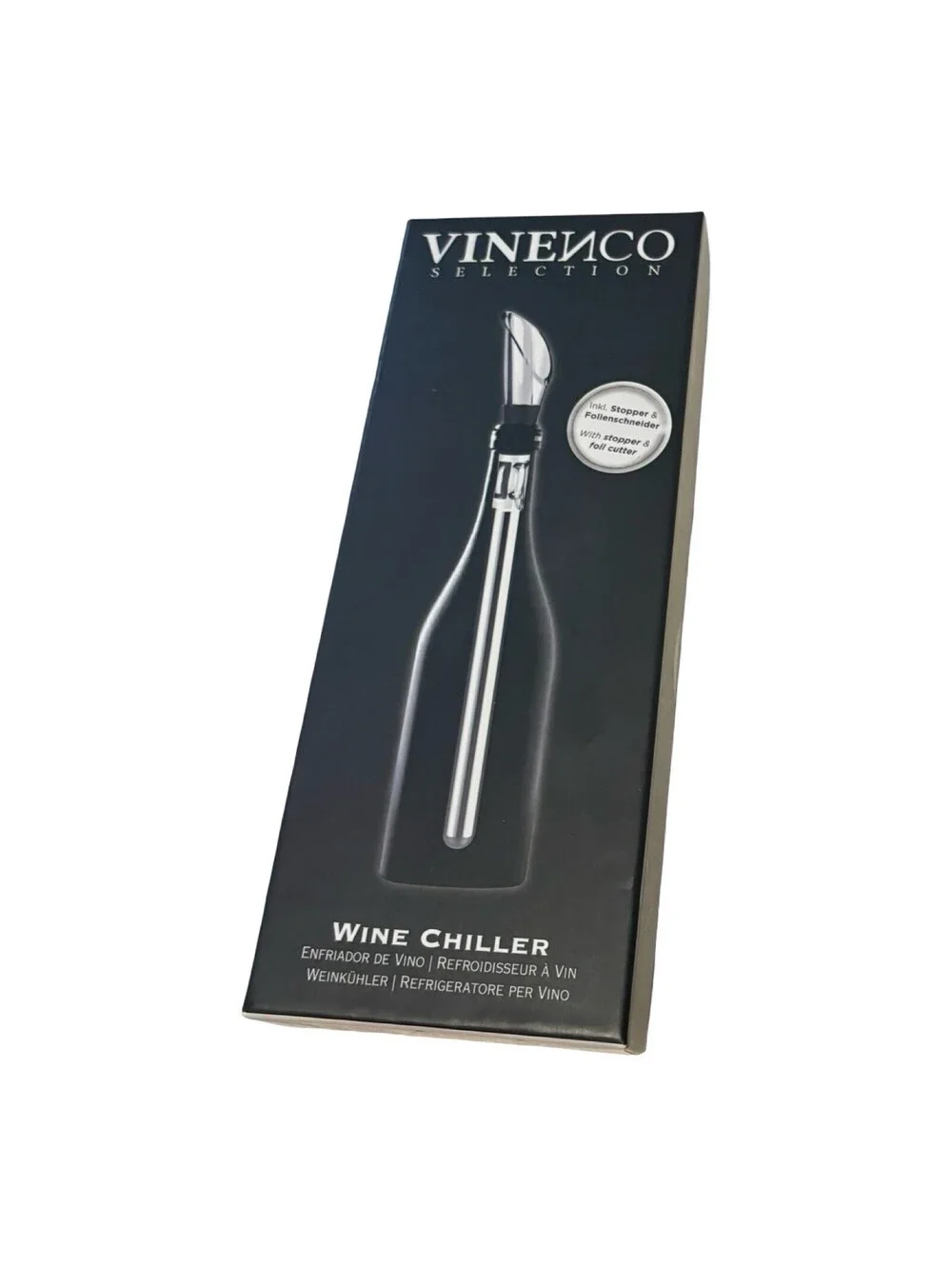 NEW~VINENCO SELECTION: Stainless Wine Chiller with Stopper & Foil Cutter/Swell